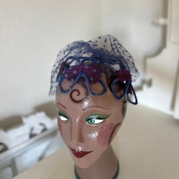 Vintage 1940s Blue Purple Net Veil Fascinator Hat with Bows - Picture 1 of 4